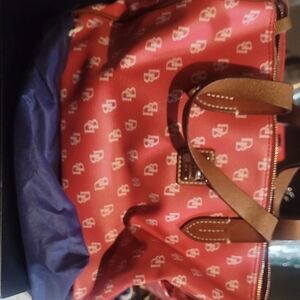 Dooney & Bourke Red and Tan Tote Bag with Leather Accents